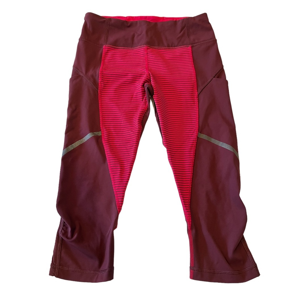 Lululemon Hop To It Crop Leggings Deep Maroon Pink Striped